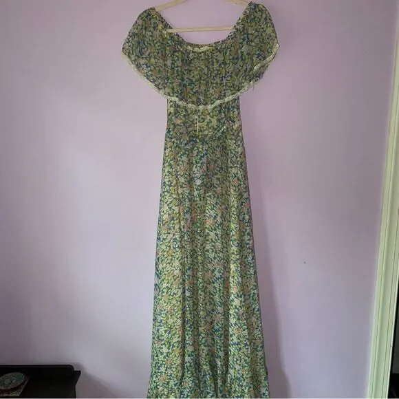 Camela of California S Maxi Dress 70s Ball Gown Blue Ditsy Floral Ruffle Boho - Picture 5 of 10